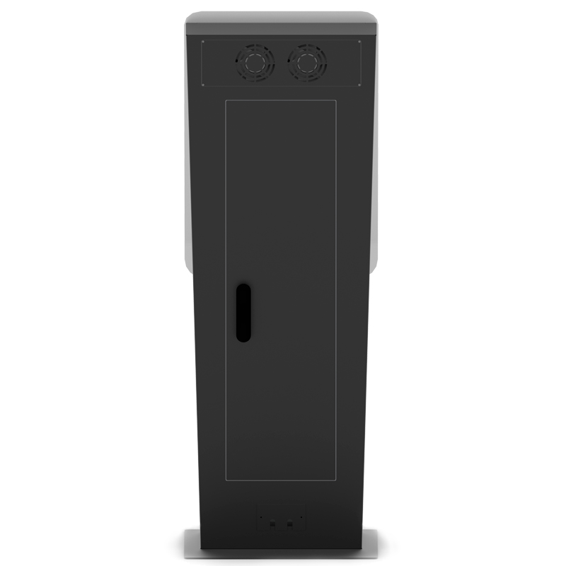 Vista trasera del e832 Kiosco de 32” robusto multifuncional con puerta frontal y trasera