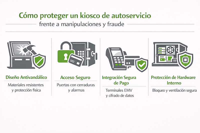 Infografía: medidas de protección física en kioscos interactivos frente a manipulaciones y fraude.