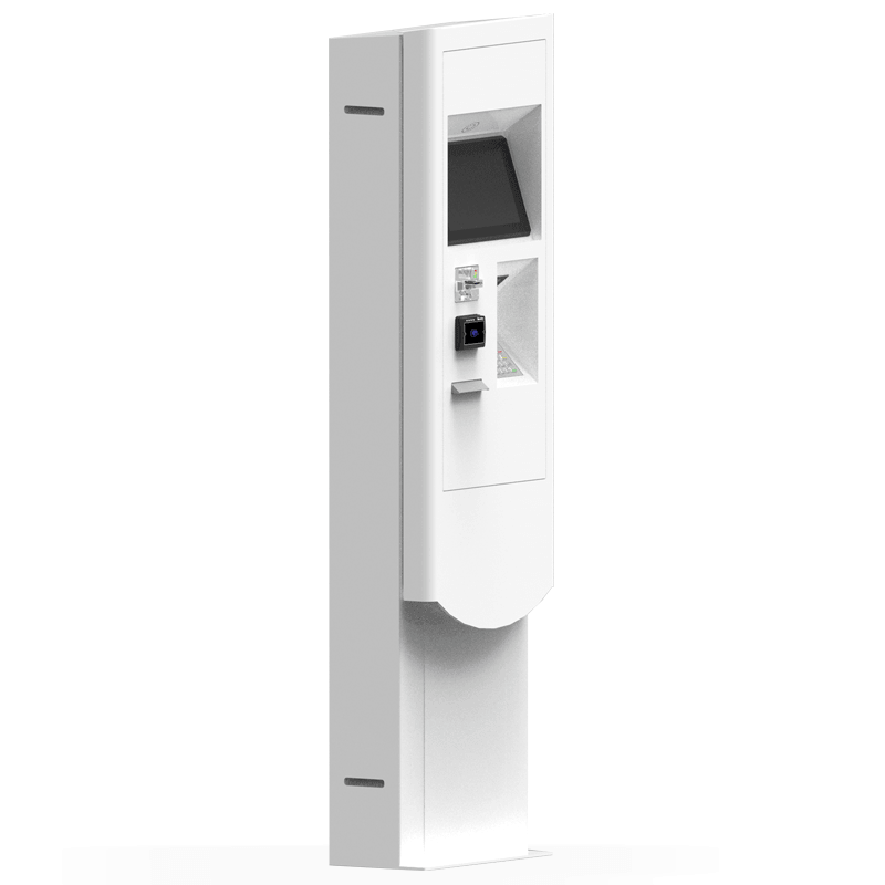 Terminal compacto de control de accesos para exteriores con opción de pago autónomo, diseñado para entornos industriales que requieren robustez y eficiencia sin ocupar espacio.