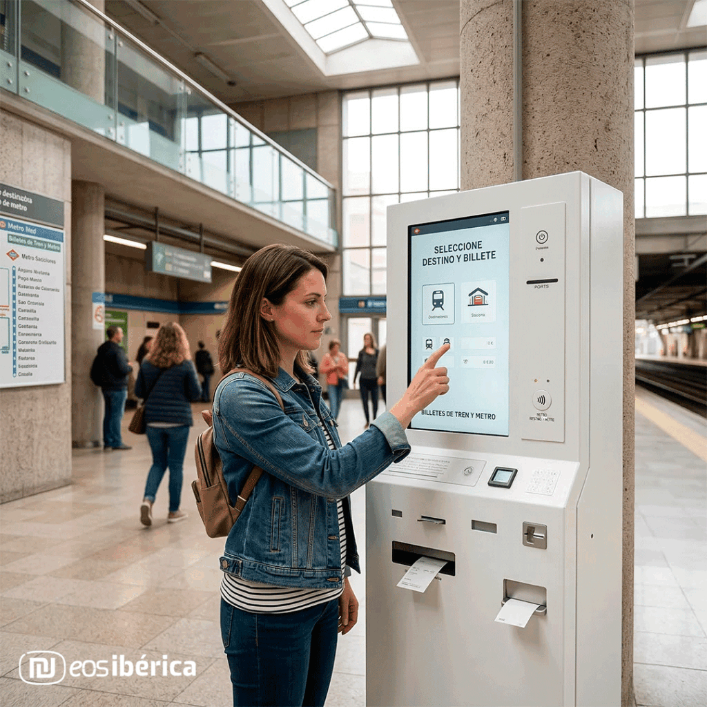 kiosco interactivo de autoservicio con software funcionando en entorno real industrial