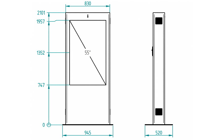 Plano en el que se ven las dimensiones de este tótem de exterior para control de accesos a pie.