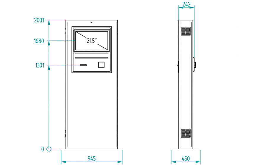 Plano en el que aparecen las dimensiones de eNtry Pie, un tótem slim y vanguardista diseñado para se utilizado en control de accesos por una persona a pie.