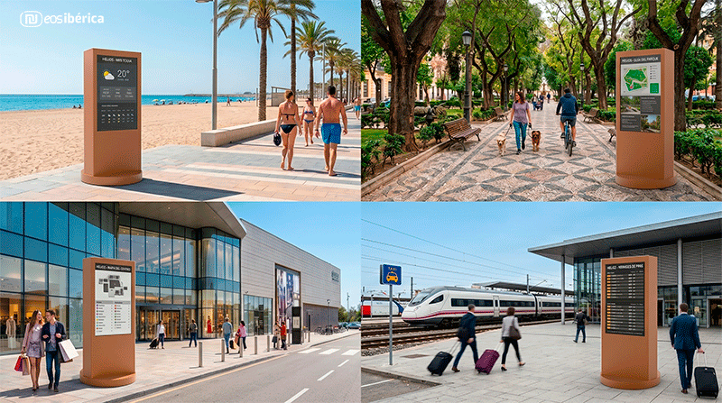 Composición de cuatro imágenes diurnas que muestran el tótem digital HELIOS de color marrón en entornos reales: una playa, un parque urbano, una zona comercial exterior y una estación de tren, siempre orientado de espaldas al sol.