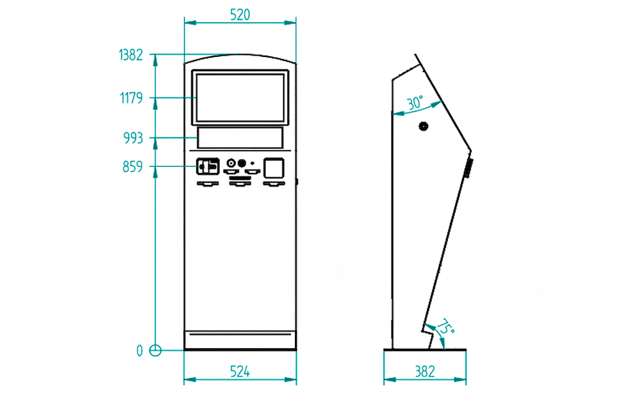 Plano dimensiones del terminal interactivo eClinic. Aparecen medidas relativas a la altura, anchura, disposición de los periféricos.