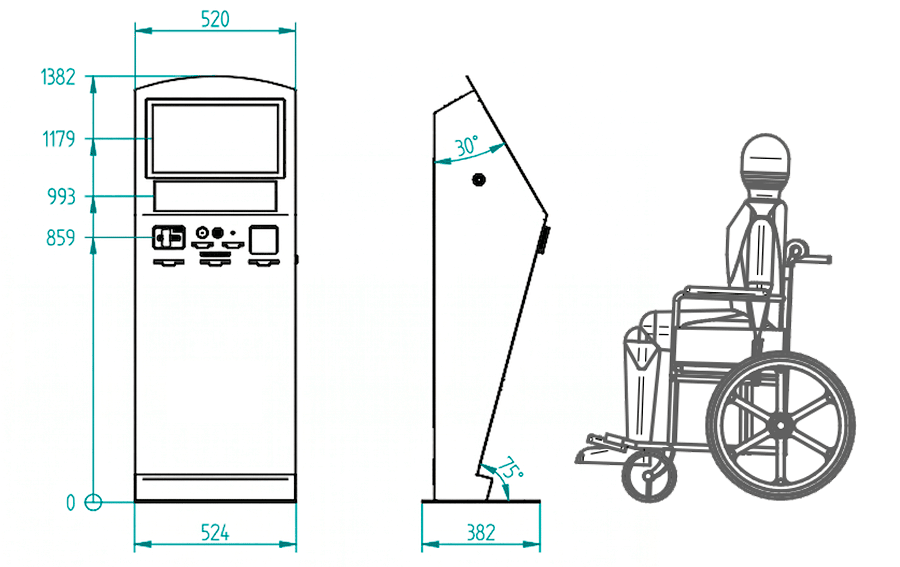 Plano con las dimensiones eClinic con cotas de altura, anchura, disposición de periféricos e inclinación del terminal.