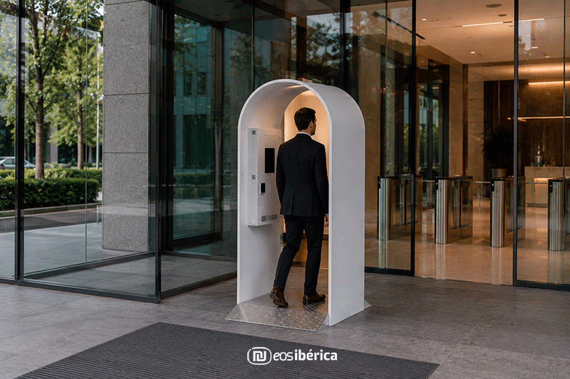 Persona accediendo a un edificio a través de un arco de control de acceso.