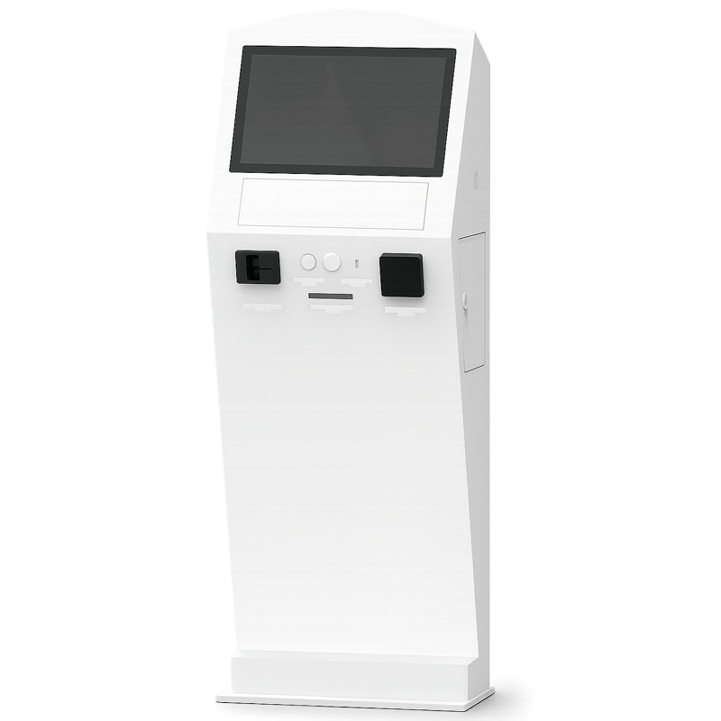 Imagen frontal del terminal interactivo eClinic en blanco. Integra periféricos como lector de tarjetas, impresora, altavoces o pantalla táctil.