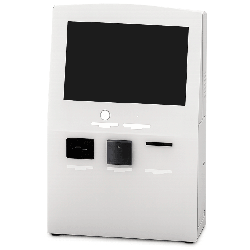 Imagen terminal interactivo autónomo eClinic. Estructura en color blanco y pantalla de 19 pulgadas.