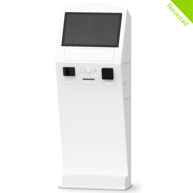 Imagen frontal del terminal interactivo eClinic en blanco. Integra periféricos como lector de tarjetas, impresora, altavoces o pantalla táctil.