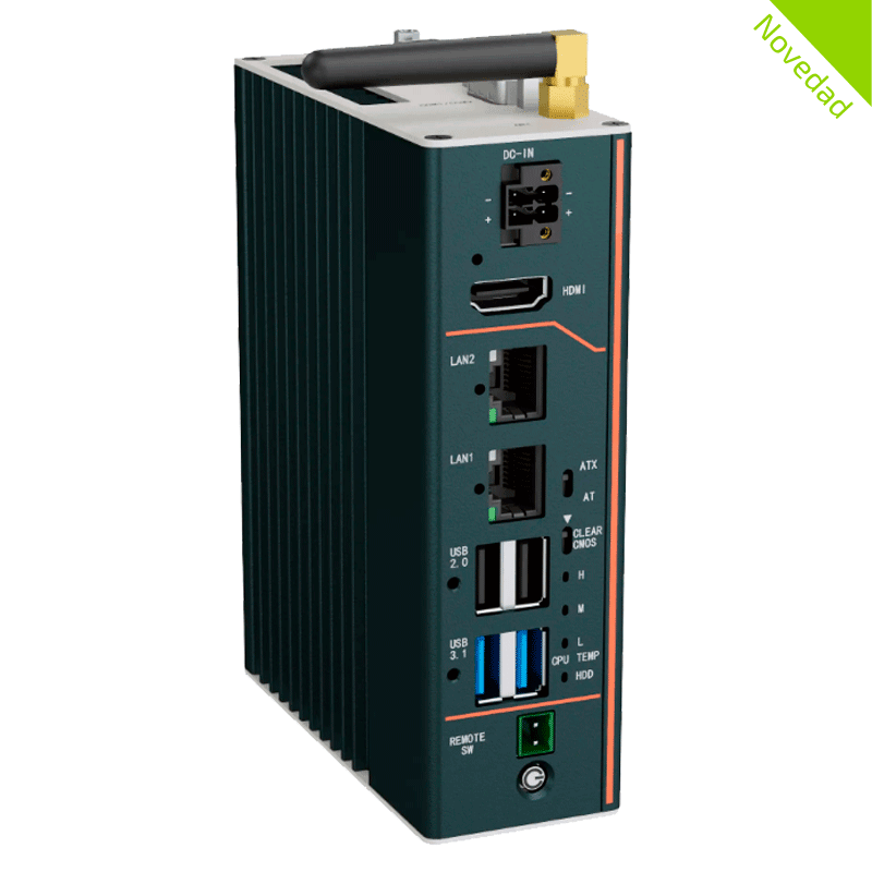 Vista en alzado de un PC industrial fanless eRX-JH-CL-J6412-9-36V en chasis de aluminio negro. Se muestra el panel frontal con conexiones que incluyen entrada de alimentación DC-IN, puerto HDMI, dos puertos LAN, puertos USB 2.0 y USB 3.1, botón de encendido y una antena en la parte superior.