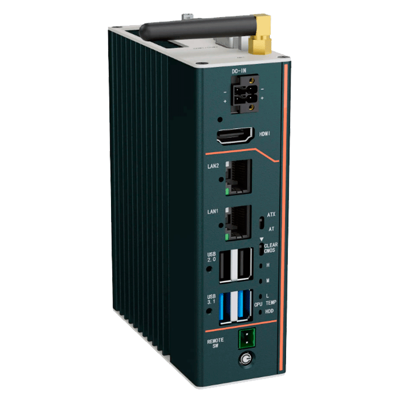 Vista en alzado de un PC industrial fanless eRX-JH-CL-J6412-9-36V en chasis de aluminio negro. Se muestra el panel frontal con conexiones que incluyen entrada de alimentación DC-IN, puerto HDMI, dos puertos LAN, puertos USB 2.0 y USB 3.1, botón de encendido y una antena en la parte superior.