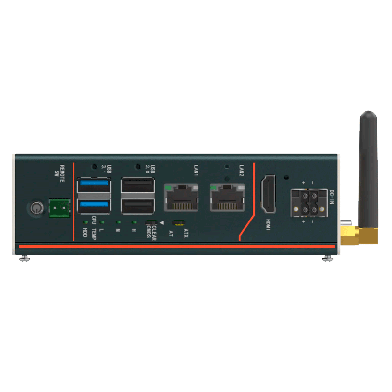 Vista frontal detallada de los puertos de entrada y salida (I/O) del PC industrial rugerizado eRX-JH-CL-J6412-9-36V, que incluye puertos USB 3.1, USB 2.0, doble puerto LAN, HDMI, entrada de alimentación DC-IN y una antena inalámbrica.