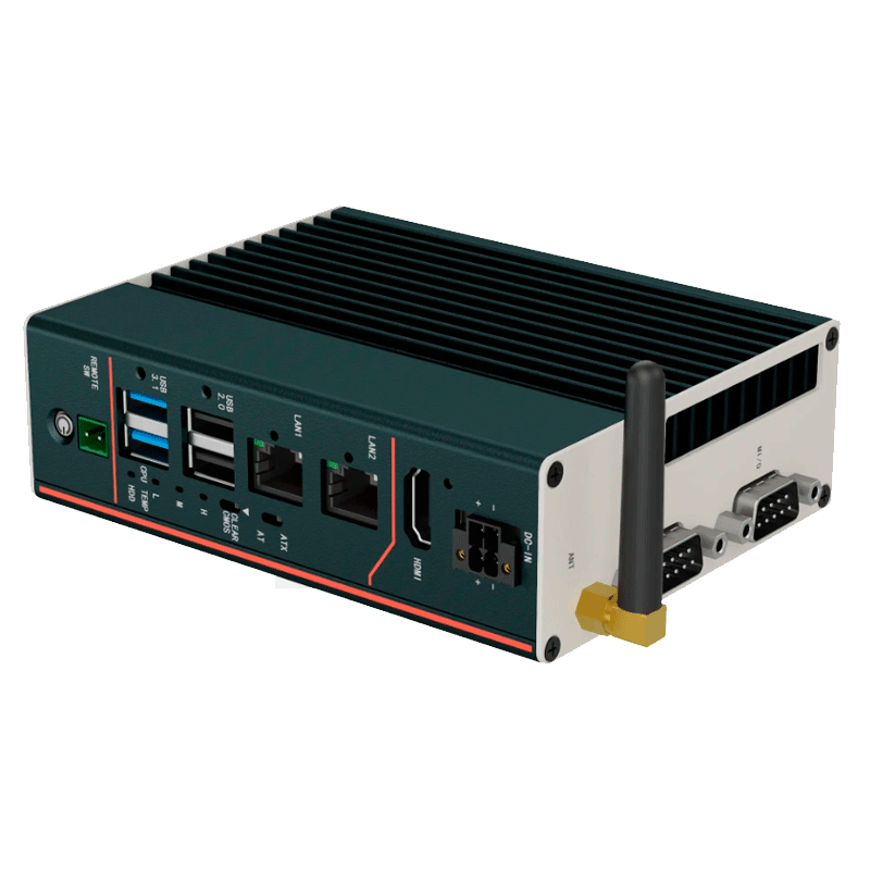 Vista lateral y posterior en ángulo delPC industrial fanless rugerizado eRX JH CL J6412 9 36V, mostrando sus numerosos puertos de conexión y aletas de refrigeración en un chasis de aluminio sobre fondo blanco.