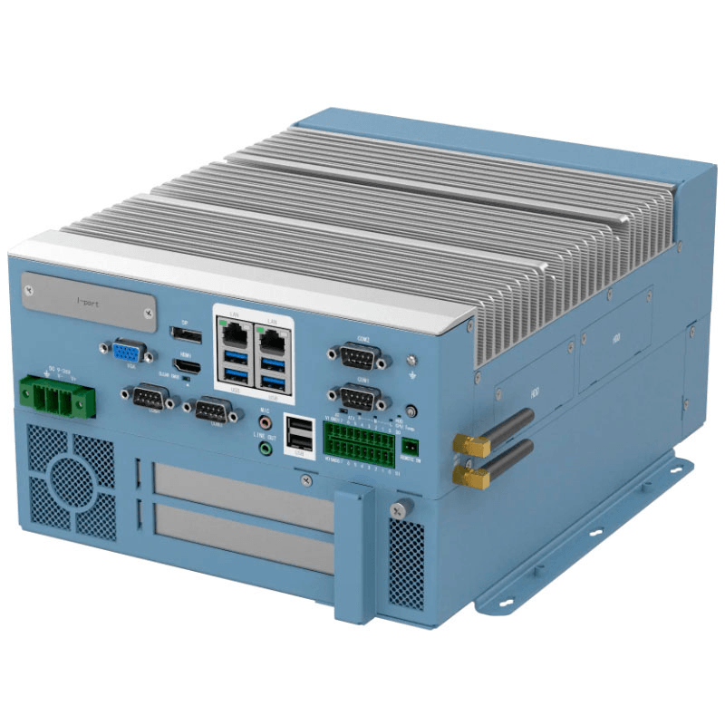 PC Industrial Fanless Edge AI. de alto rendimiento con CPU Intel® i3 de 12.ª Gen (hasta 4.40 GHz) y doble ranura de expansión PCIe (X16 + X4). Una solución versátil diseñada para automatización, Edge AI, videovigilancia y entornos industriales.
