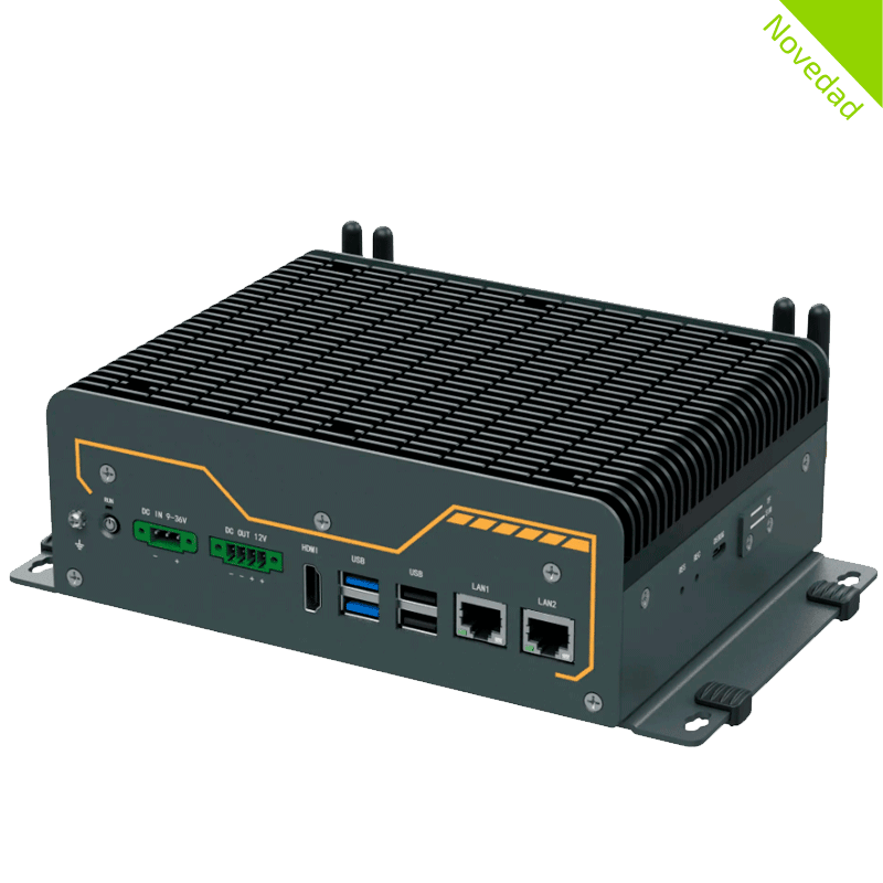 Pc fanless industrial Edge AI equipado con el módulo NVIDIA Jetson Orin Nano, una CPU ARM de 6 núcleos y una GPU con buen rendimiento de IA de hasta 40~67 TOPS, memoria integrada de 8GB, E/S multicanal y una fuente de alimentación de amplio rango de voltaje de 9-36 VCC.