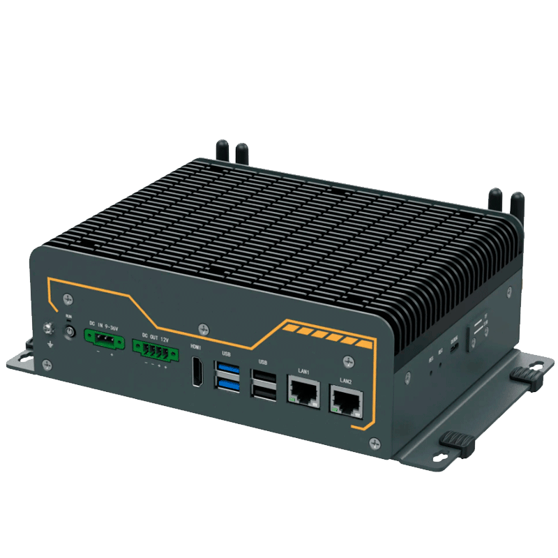 Pc fanless industrial Edge AI equipado con el módulo NVIDIA Jetson Orin Nano, una CPU ARM de 6 núcleos y una GPU con buen rendimiento de IA de hasta 40~67 TOPS, memoria integrada de 8GB, E/S multicanal y una fuente de alimentación de amplio rango de voltaje de 9-36 VCC.