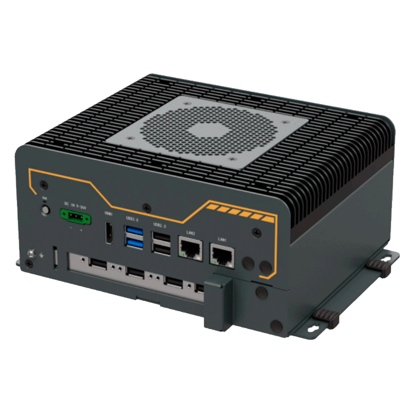 Pc industrial Edge AI equipado con el módulo NVIDIA Jetson Orin NX, una CPU ARM de 6 núcleos y una GPU con buen rendimiento de IA de hasta 70 TOPS.