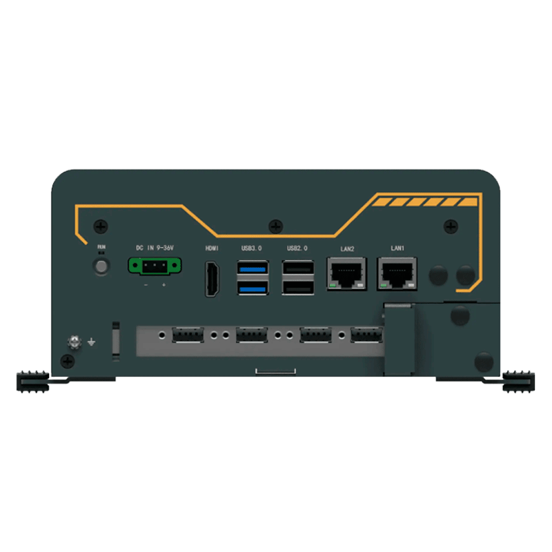 Pc industrial Edge AI equipado con el módulo NVIDIA Jetson Orin NX, una CPU ARM de 6 núcleos y una GPU con buen rendimiento de IA de hasta 70 TOPS.