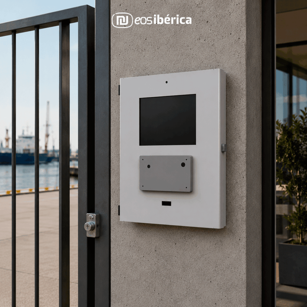 Terminal eAccess de control de accesos instalado en acceso exterior junto a recinto portuario.