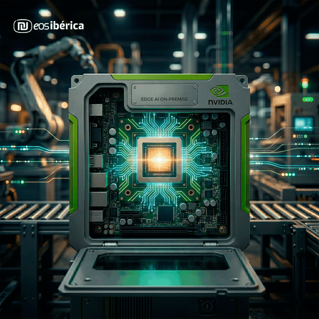 Primer plano de un procesador industrial iluminado con circuitos en una planta de fabricación automatizada.