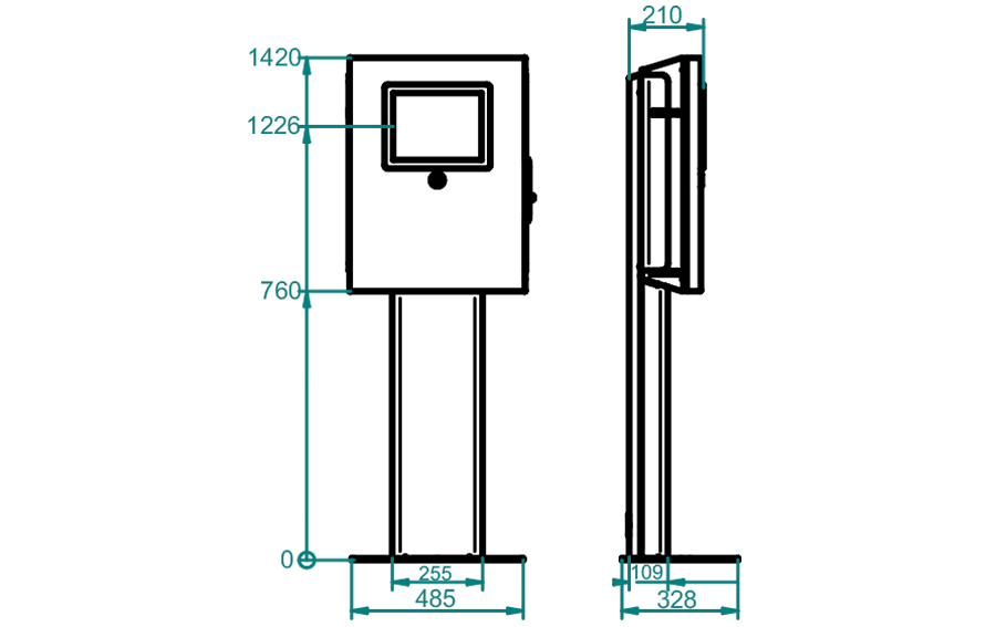 Plano técnico con dimensiones y cotas del Kiosco digital outdoor ePay Card