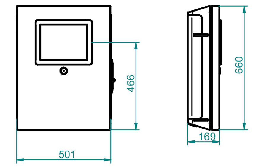 Plano técnico con las medidas y dimensiones del terminal interactivo ePay Card sin pie
