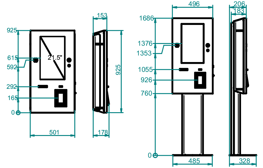 Plano técnico del ePay Card V, sobre sus dimensiones tanto de altura, anchura y fondo, con pie y sin pie