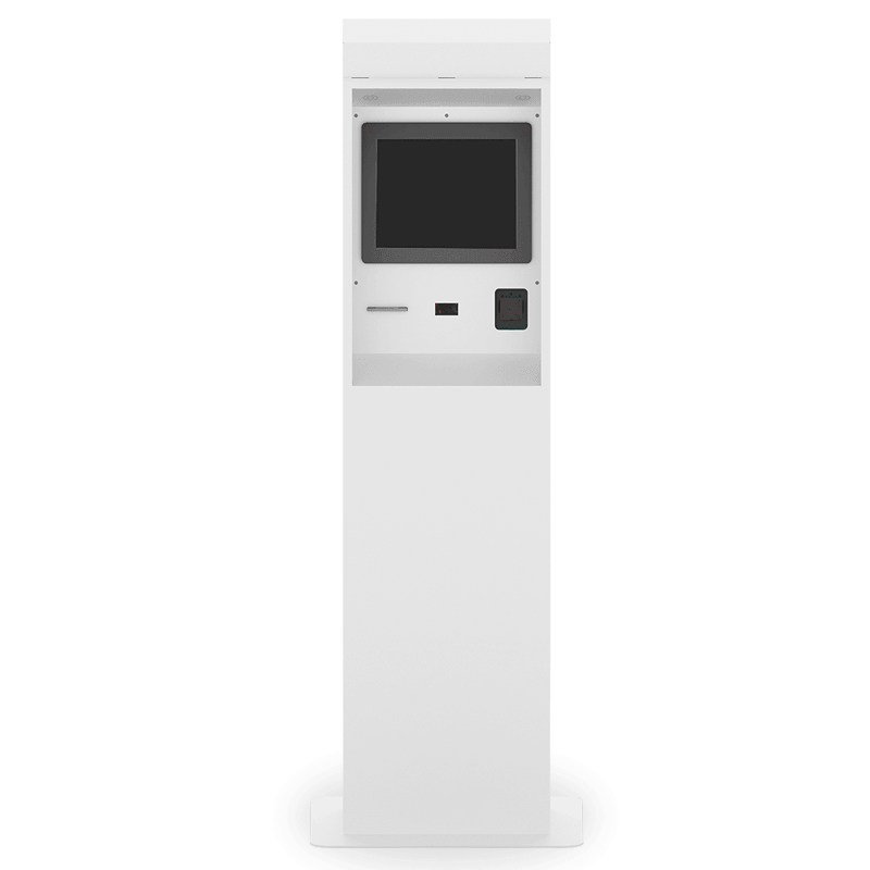 Vista frontal eChecking en color blanco, en pantalla horizontal, incorpora lector RFID, QR e impresora.