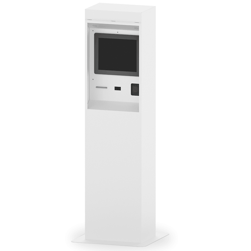 Vista eChecking girado ligeramente hacia la izquierda. Color blanco e integra pantalla en horizontal, lector RFID, QR e impresora.