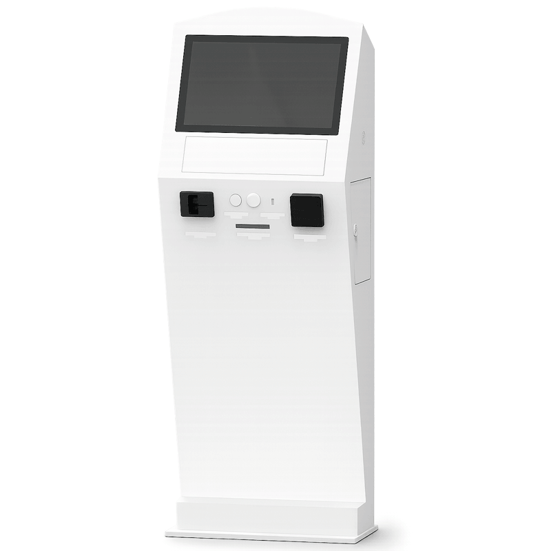 Imagen de perfil del terminal accesible multifunción interior eClinic. Es de color blanco, integra pantalla horizontal y periféricos.
