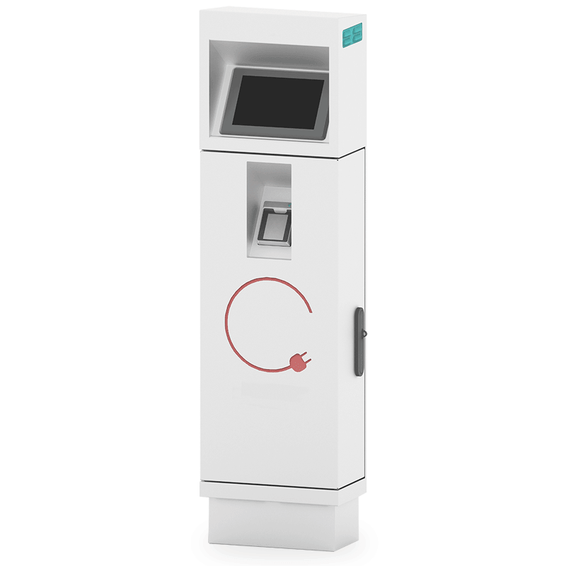 Imagen lateral de eColumn Wall, columna antivandálica para pago y gestión autónoma para recarga de vehículo eléctrico en exterior. Se aprecia la cerradura.