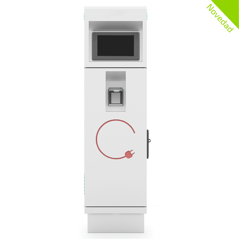 Vista frontal eColumn Wall, terminal de pago y gestión autónoma para puntos de recarga para vehículo eléctrico en exterior.