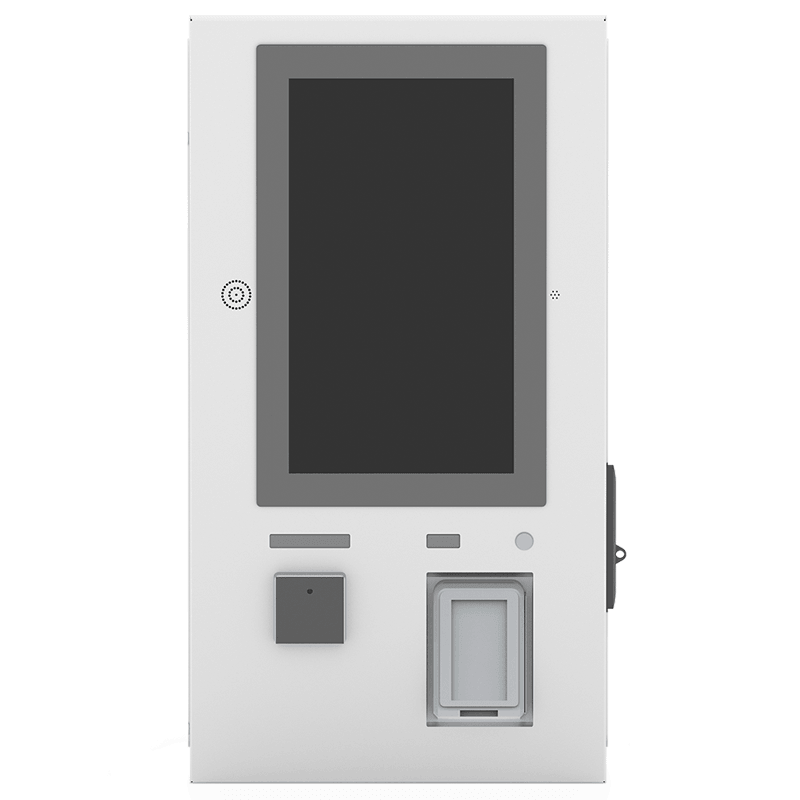 Vista frontal ePay Card con pantalla vertical de 21,5", y periféricos como lector de tarjetas, QR e impresora. Color blanco.