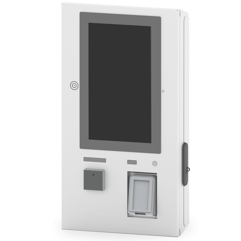 Vista del terminal ePay Card V, ligeramente girado hacia la izquierda. En color blanco, incorpora pantalla en formato vertical de 21,5" y periféricos como TPV, lector de QR o impresora.