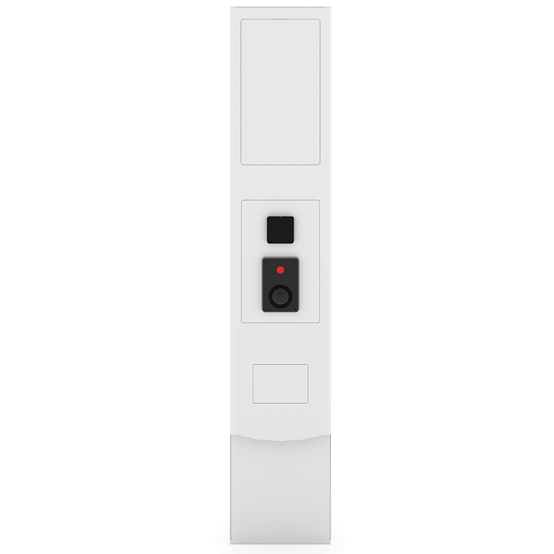 Vista frontal eStop Gate Car en color blanco incorpora interfono y lector QR.