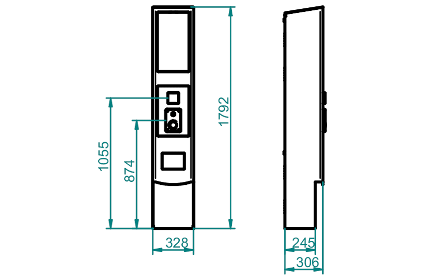 Plano técnico sobre las dimensiones de eStop Gate Car. Se pueden ver sus medidas tanto de altura, anchura y profundidad del terminal interactivo.
