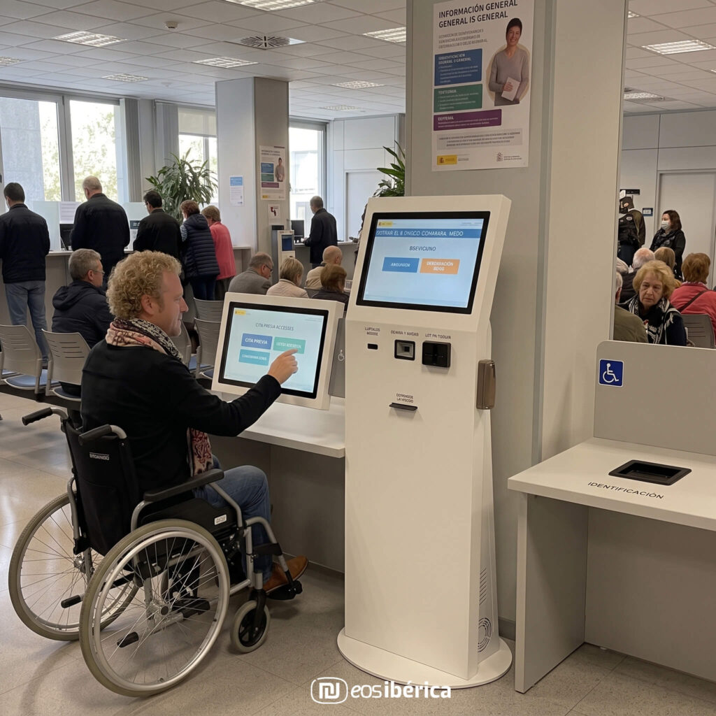 Persona en silla de ruedas interactuando con un quiosco de autoservicio accesible con doble pantalla adaptado a la Ley 10/2025 en una oficina de atención ciudadana