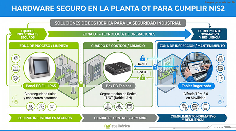 Infografía del mapa visual de una planta industrial OT que muestra tres soluciones de hardware para el cumplimiento de la directiva NIS2: Panel PC Full IP65 en zona de limpieza para ciberseguridad física, Box PC Fanless en cuadro de control para segmentación de redes IT/OT con doble LAN, y Tablet Rugerizada en movilidad con cifrado TPM 2.0 para inspección.
