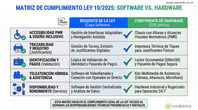 Infografía Matriz de Cumplimiento Ley 10/2025: Comparativa de responsabilidades entre Capa Software y Componentes de Hardware EOS Ibérica para quioscos de atención.