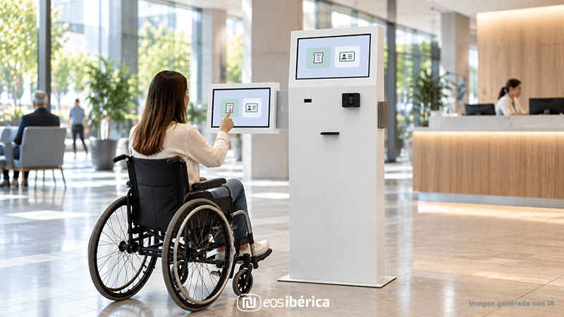 Terminal de autoservicio accesible de EOS Ibérica: la pantalla lateral, a una altura alcanzable desde una silla de ruedas, es uno de los elementos de diseño que facilitan el uso autónomo. Imagen ilustrativa generada con IA; el diseño final puede variar según el proyecto.