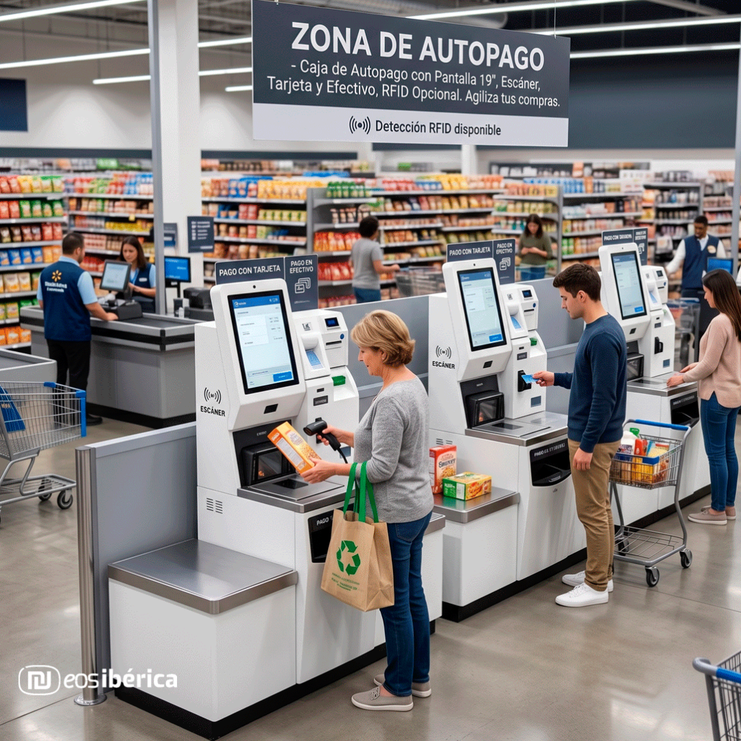 Recreación de varios clientes utilizando nuestro eCheck Out, cajas de autopago, en el pasillo de un supermercado.