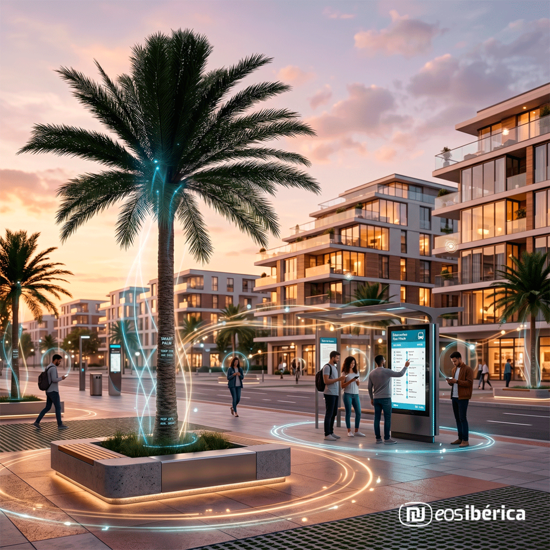 Una vista de plaza de ciudad inteligente al atardecer, centrada en la palmera inteligente de 8 metros integrada en un macetero iluminado. Los senderos de datos luminosos conectan la palmera con edificios residenciales modernos y personas que interactúan con una parada de autobús digital y sus dispositivos móviles.