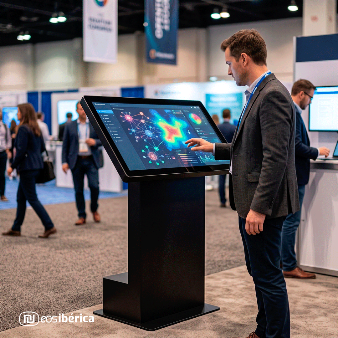 me generas un texto alt que no sea muy extenso Un hombre con traje interactúa con un terminal de pantalla táctil en una feria comercial. La pantalla muestra visualizaciones de datos coloridas.