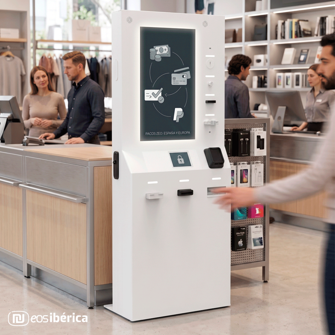 Kiosco de autopago en tienda mostrando opciones de pago.