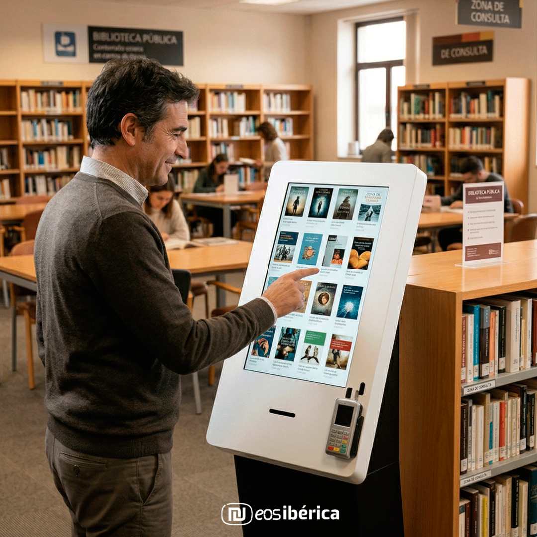 Solución tecnológica digital instalada en una biblioteca. Aparece un hombre consultando en la pantalla un catálogo virtual de títulos literarios