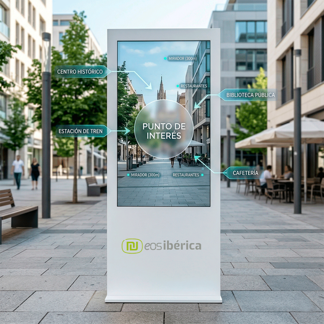 Kiosco digital interactivo en entorno urbano moderno, proyectando realidad aumentada con guías y ubicaciones de puntos de interés en la ciudad.