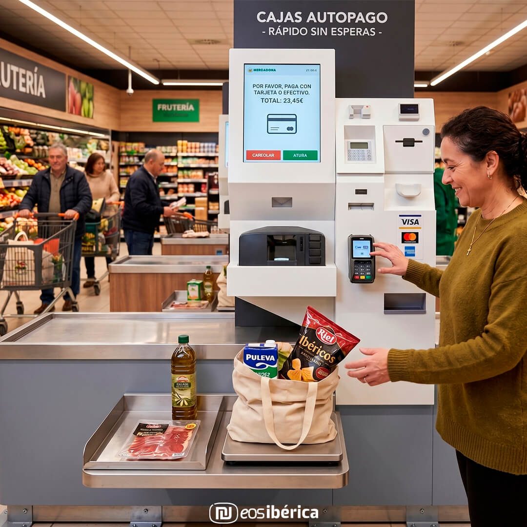 Mujer en caja de autopago supermercado generada con ia