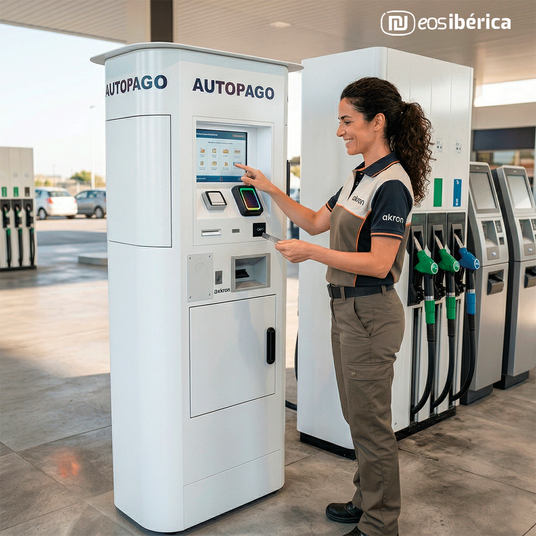 Una empleada de uniforme sonríe e interactúa con un terminal de autopago en una gasolinera.