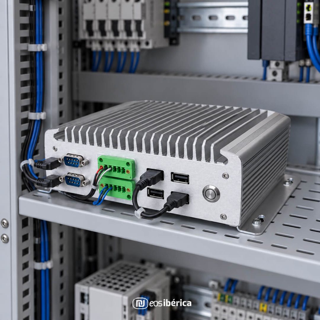 PC industrial fanless de EOS Ibérica instalado en un armario de control, con las conexiones frontales visibles y espacio libre a su alrededor.