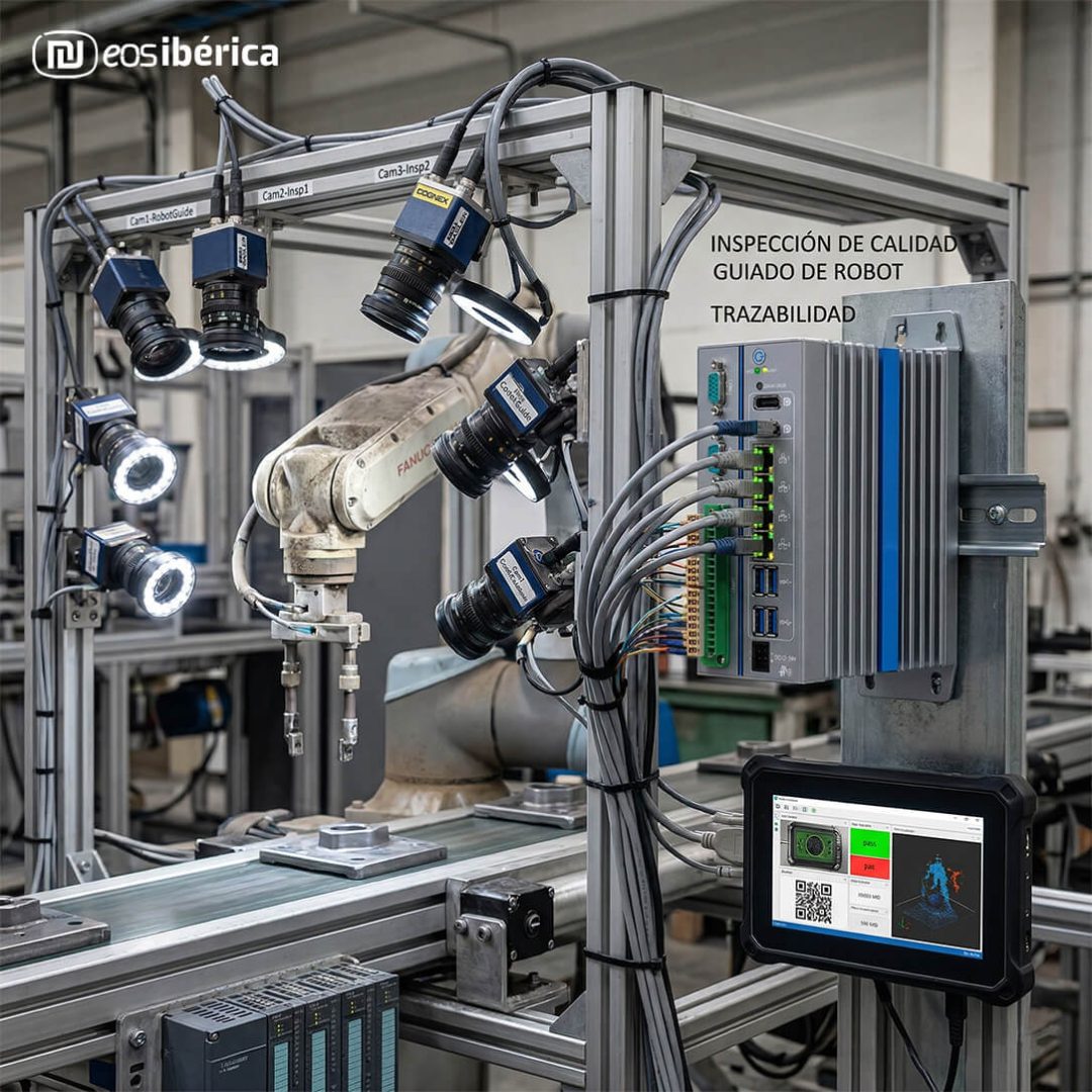 Integración de PC industrial en celda de visión artificial y robótica con cámaras y brazo robótico FANUC.